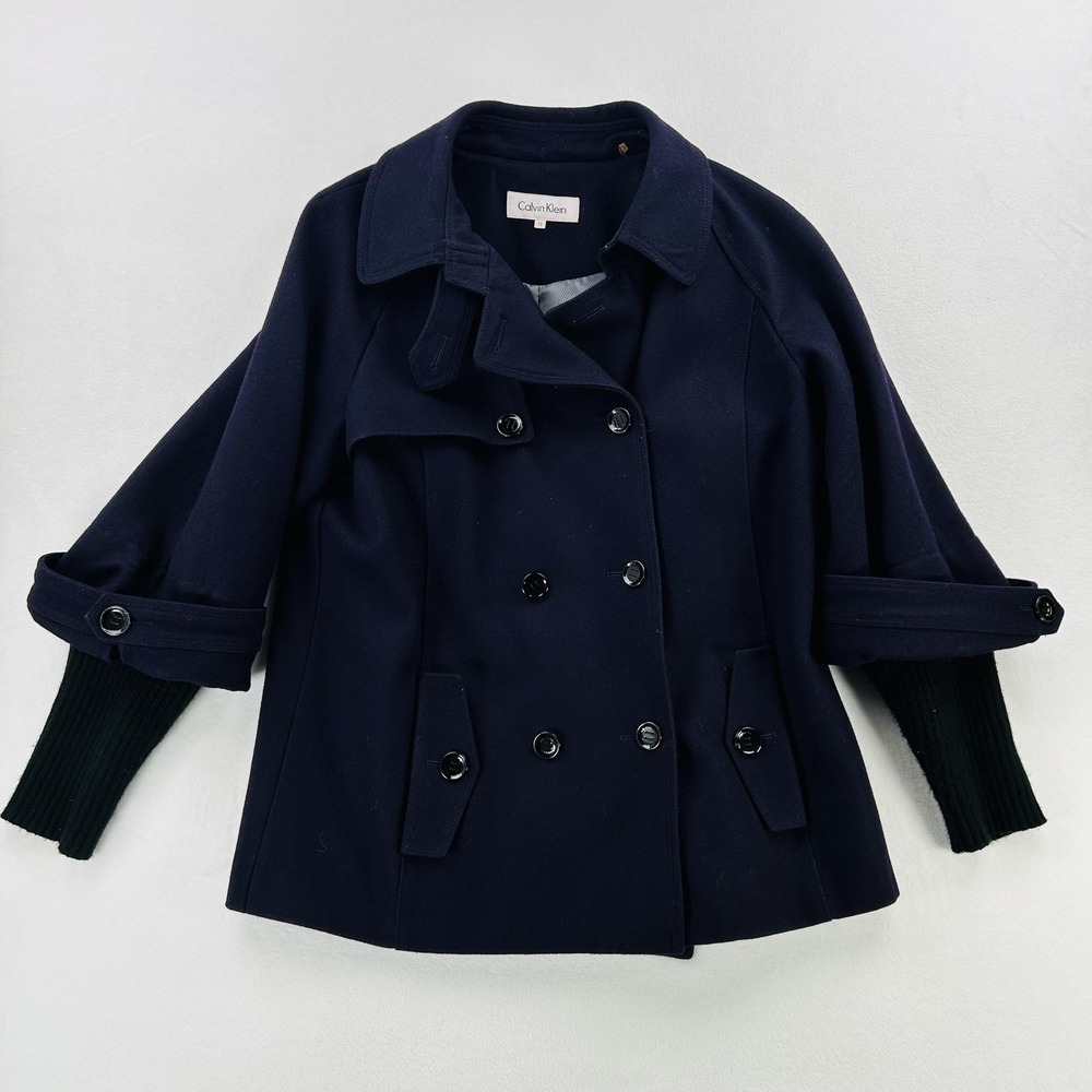 Calvin Klein Coat Womens 12 Purple Wool Blend Double Breasted Peacoat Knit Cuffs